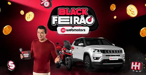 Carro Vermelho no canto inferior direito com fundo vermelho e preto com logo do Black Feirão no canto superior esquerdo.