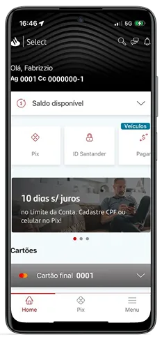 Celular com o aplicativo do Santander aberto na página inicial.
