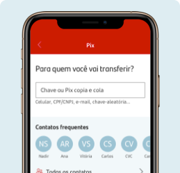 Na imagem vemos a tela de um celular acessando o App do Santander, simulando a tela do aplicativo do pix.