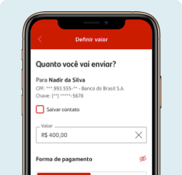 Na imagem vemos a tela de um celular acessando o App do Santander, simulando a tela do aplicativo na parte de confirmar os dados para realizar o pix.