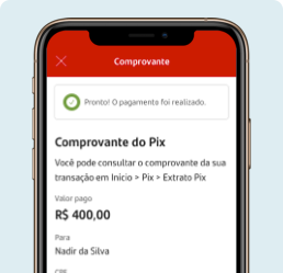 Na imagem vemos a tela de um celular acessando o App do Santander, simulando a tela do aplicativo na parte do comprovante de envio do pix