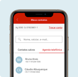 Na imagem vemos a tela de um celular acessando o App do Santander, simulando a a tela de contatos salvos para realizar o pix