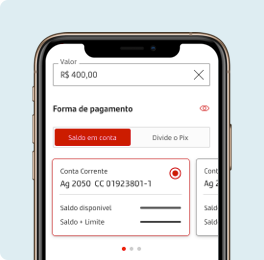 Na imagem vemos a tela de um celular acessando o App do Santander, simulando a função de ocultar seu saldo ao fazer uma transferência pix