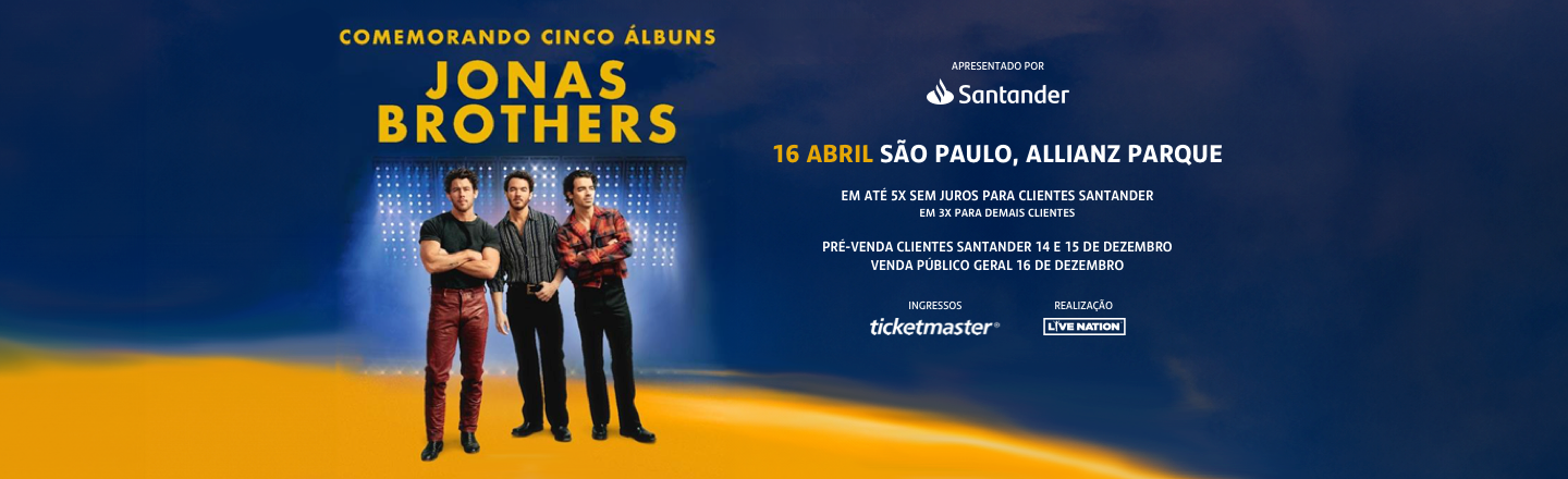 No centro da imagem temos a foto da banda Jonas Brothers. Já à direita, temos informações sobre o show no Brasil.