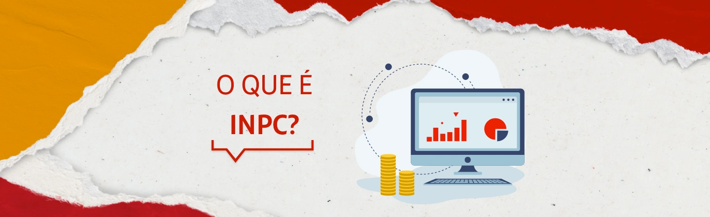 No lado esquerdo da imagem, a frase: o que é INPC? No lado inferior direito, a ilustração de um monitor com alguns gráficos na tela. Ao lado do monitor, uma pilha de moedas douradas.