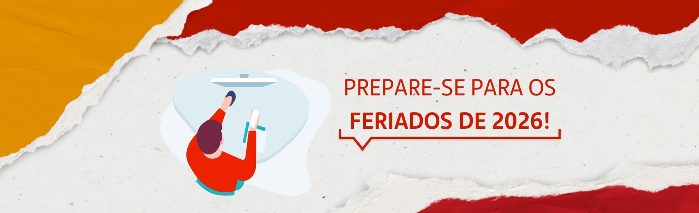 Na imagem temos um texto à direita com a frase 'Prepare-se para os feriados de 2026!'Já à esquerda, temos uma ilustração que representa uma pessoa usando o computador.