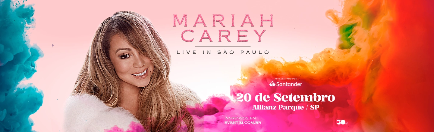 No centro da imagem temos a foto da cantora Mariah Carey. Já à direita, temos informações sobre o show no Brasil.