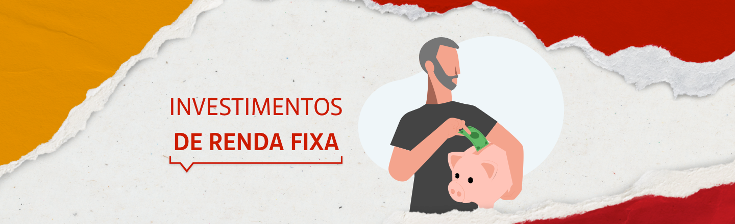 A imagem mostra a ilustração de um computador com vários gráficos, novas e moedas. Ao lado, há a frase ‘Os melhores Investimentos de Renda Fixa’.