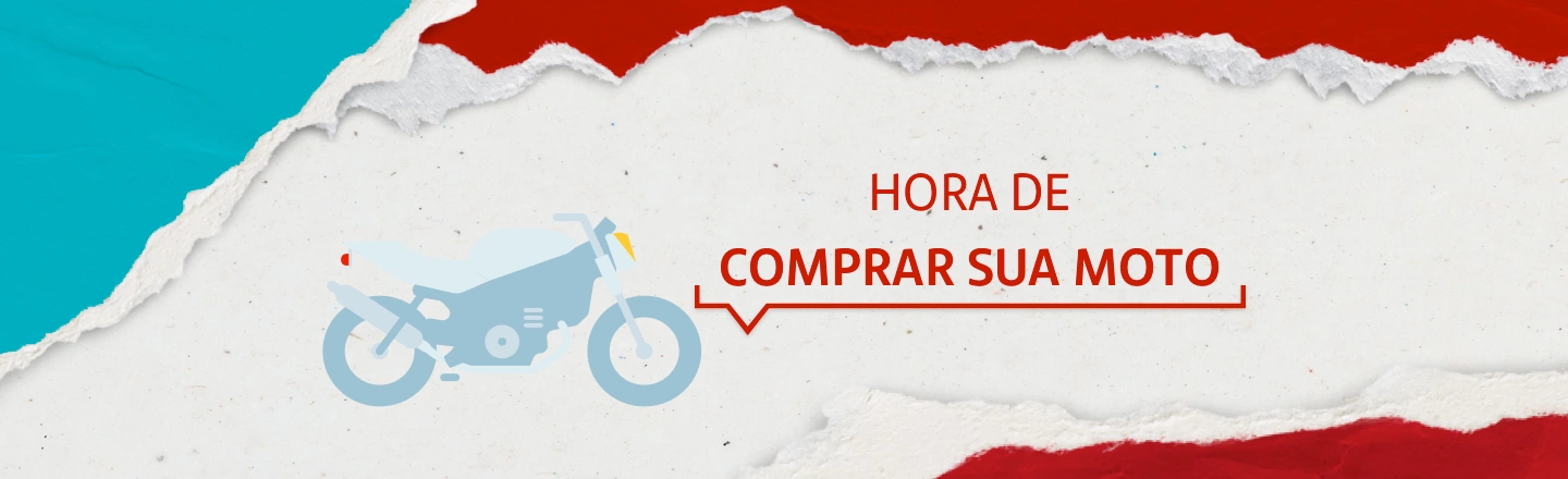 Na imagem temos um texto ao centro com a frase 'Hora de comprar sua moto'. Já à esquerda, temos uma ilustração que representa uma moto.