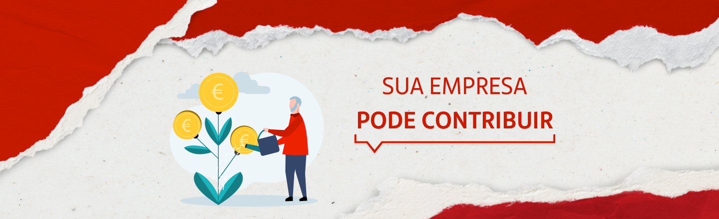 Na imagem temos um texto à esquerda com a frase 'Conheça quem apoiamos'. Já à direita, temos uma ilustração que representa um saco de dinheiro com notas de papel e um homem segurando uma moeda.