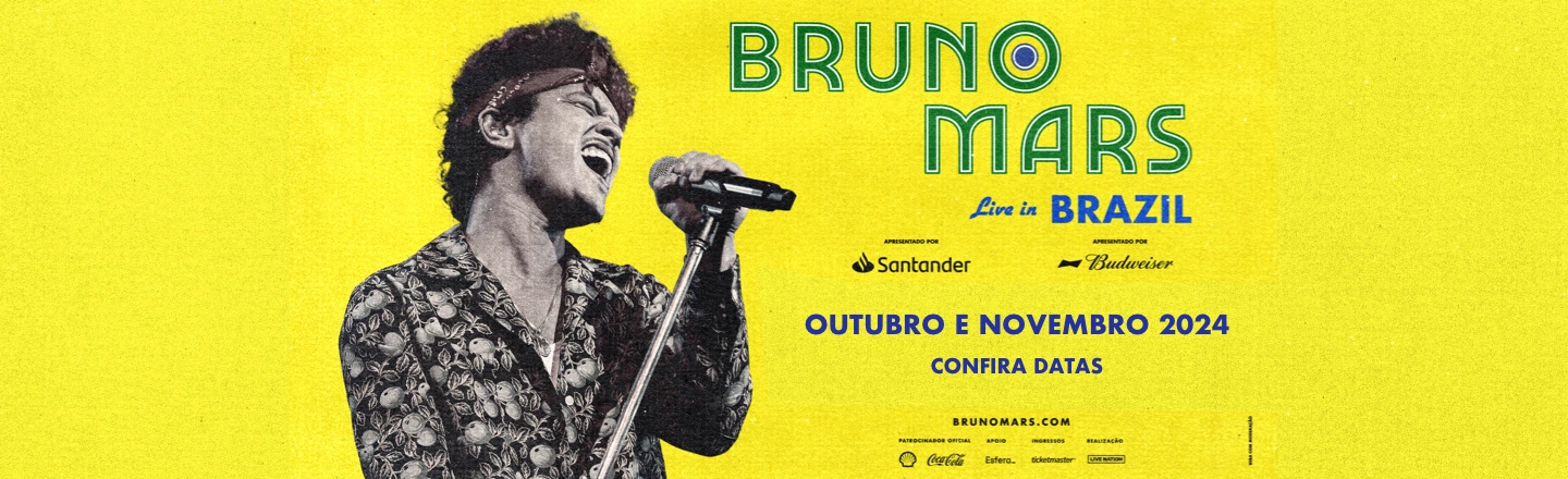 No centro da imagem temos a foto do cantor Bruno Mars. Já à direita, temos informações sobre os shows no Brasil.