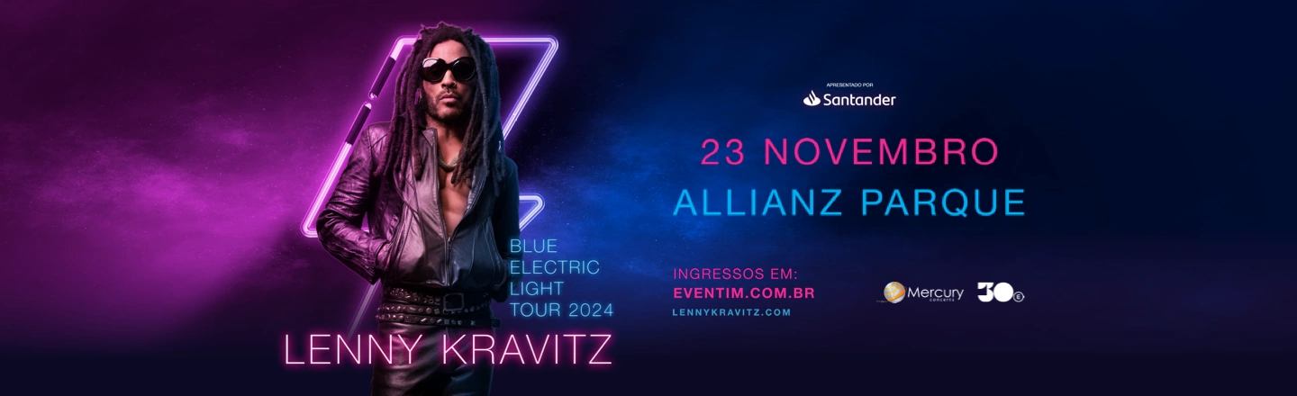 A imagem mostra uma foto frontal do cantor Lenny Kravitz em um fundo escuro, à frente de um neon em formato de raio. Há o nome do artista abaixo, e ao lado a data e local do show – 23 de novembro – Allianz Parque.