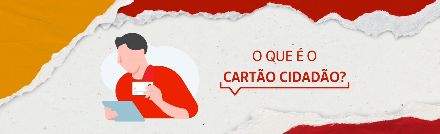 Na imagem temos um texto à direita com a frase 'O que é o cartão cidadão?'. Já à esquerda, temos uma ilustração que representa um homem de camiseta vermelha segurando um tablet e um cartão Santander.