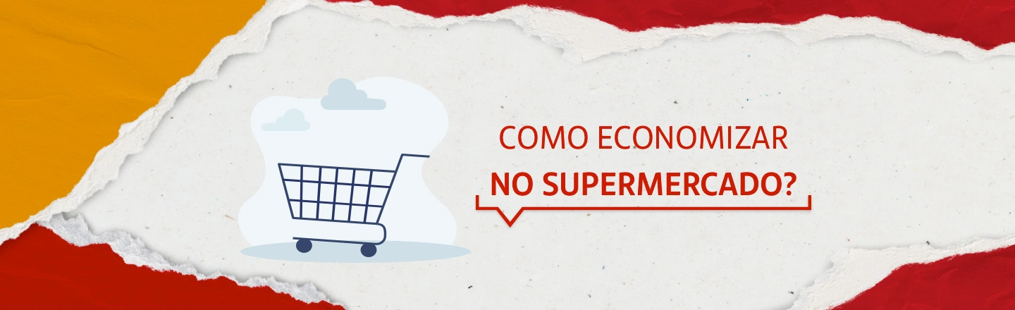 Na imagem temos um texto à direita com a frase 'Como economizar no supermercado?'. Já à esquerda, temos uma ilustração que representa um carrinho de supermercado com nuvens ao fundo.