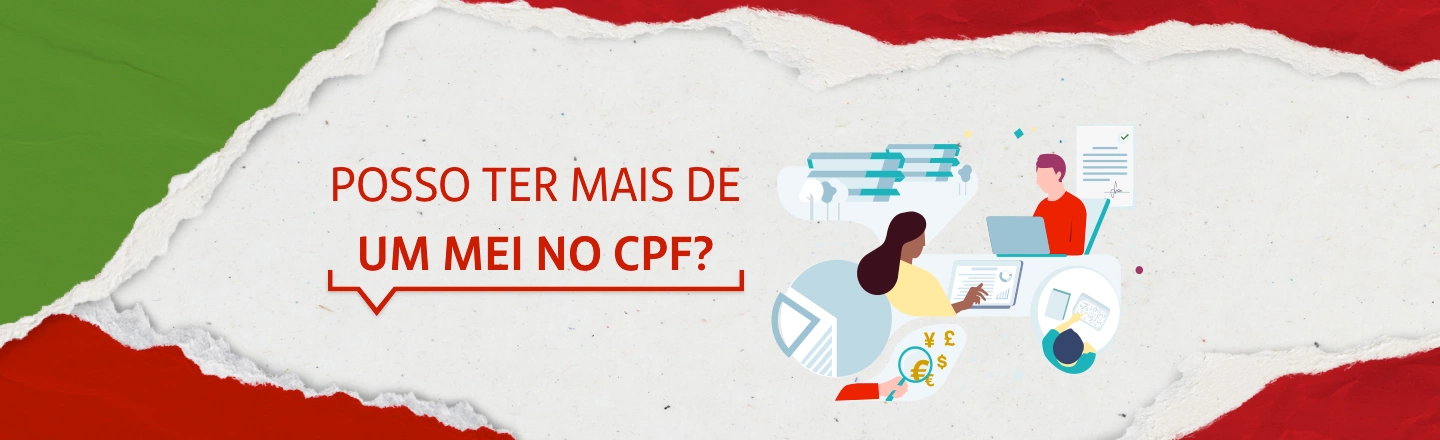 Na imagem temos um texto à esquerda com a frase 'Posso ter mais de um MEI no CPF?'. Já à direita, temos uma ilustração que representa três pessoas sentadas mexendo em seus computadores.