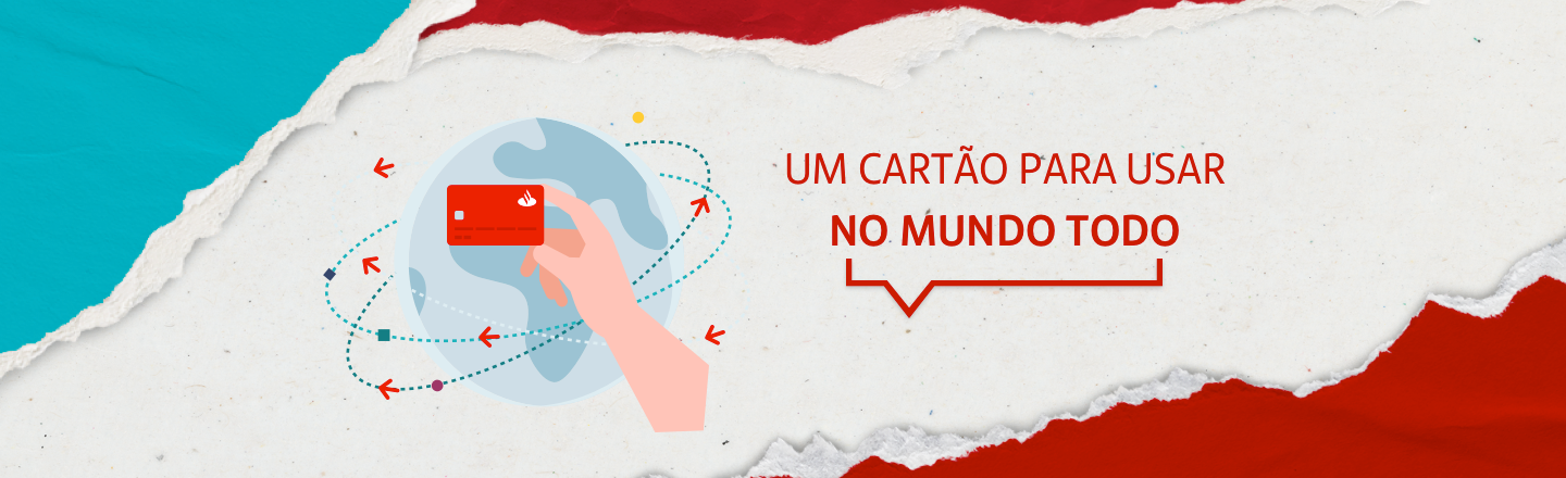 Na imagem temos um texto à direita com a frase ‘Um cartão para usar no mundo todo'. Já à direita, temos uma ilustração que representa um cartão e um globo terrestre.