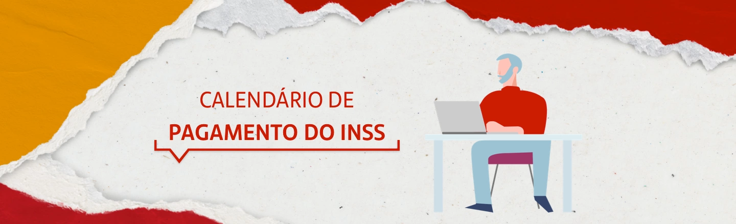 Do lado esquerdo da imagem, a frase: calendário de pagamento do INSS. Do lado direito, a ilustração de um homem sentado mexendo no computador. 