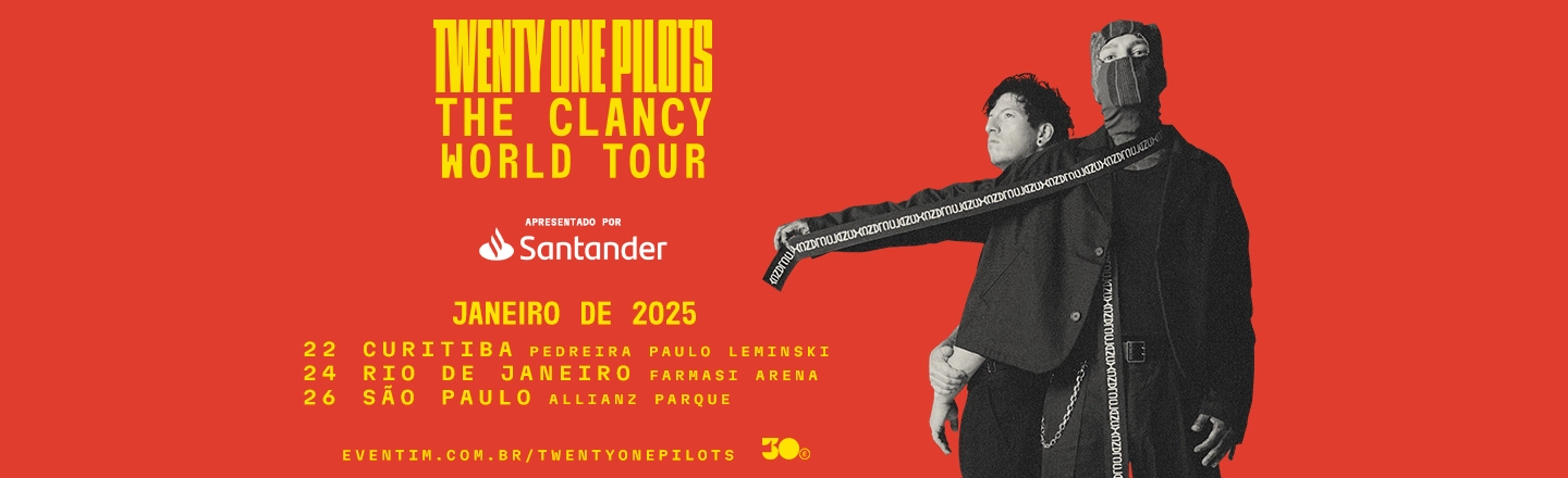 À direita da imagem, temos a foto da dupla Twenty One Pilots. Já à esquerda, temos informações sobre o show no Brasil.