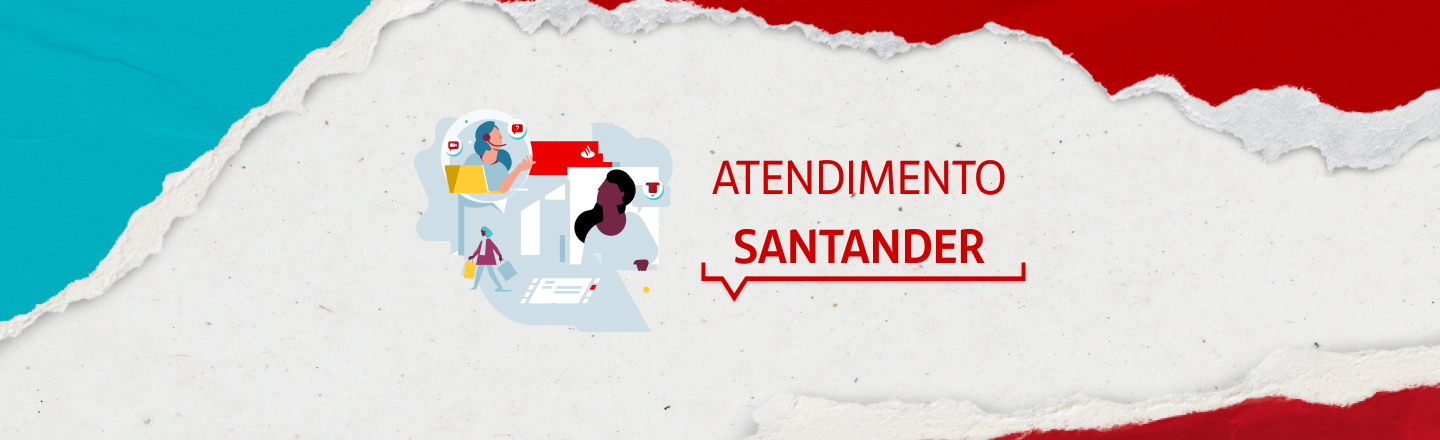 A esquerda da imagem temos a ilustração representando pessoas realizando atendimento. Já a direita, temos a frase 'Atendimento Santander'.