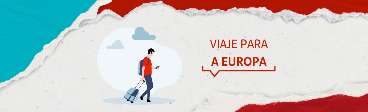 Na imagem temos um texto à esquerda com a frase 'Viaje para Europa'. Já à direita, temos uma ilustração que representa um homem segurando uma mala de viagem mexendo no celular.