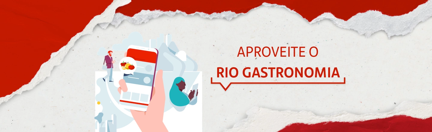 Do lado esquerdo, uma mão mexendo em um celular. No lado direito, a frase: aproveite o Rio Gastronomia. 