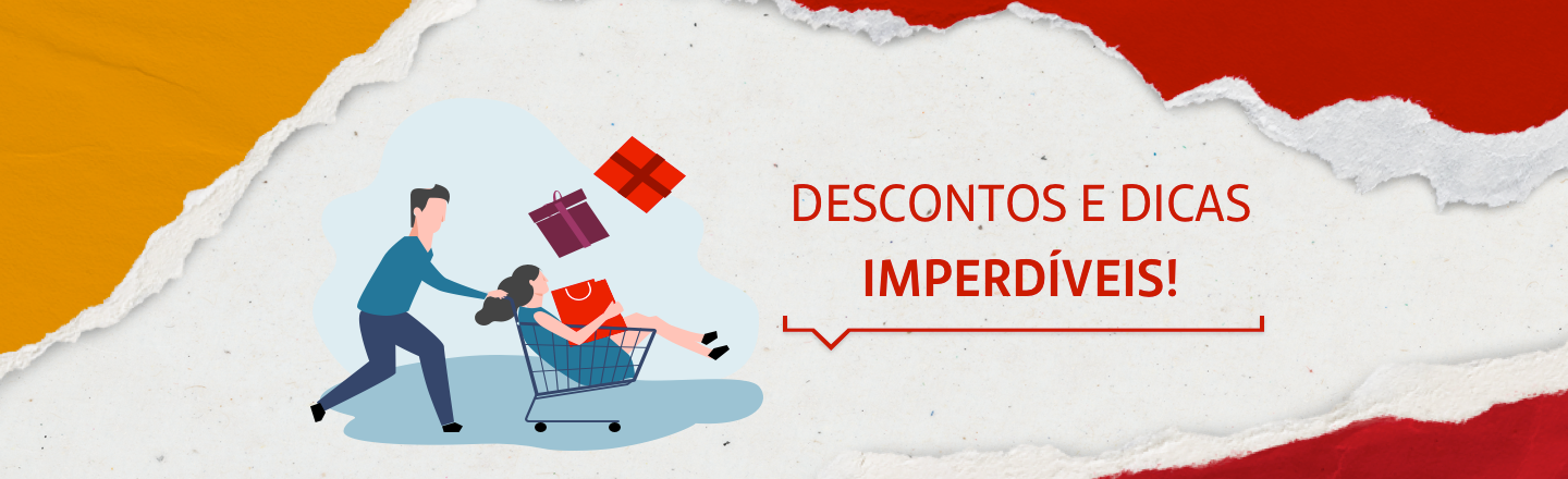 Na imagem temos um texto ao centro com a frase 'Descontos e dicas imperdíveis!' e abaixo temos uma ilustração que representa um carrinho de compras com uma pessoa dentro e outra empurrando.