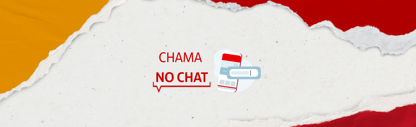 A direita da imagem temos a ilustração de celular que retrata o atendimento via chat. Já a esquerda da imagem temos a frase ‘Chama no Chat’.