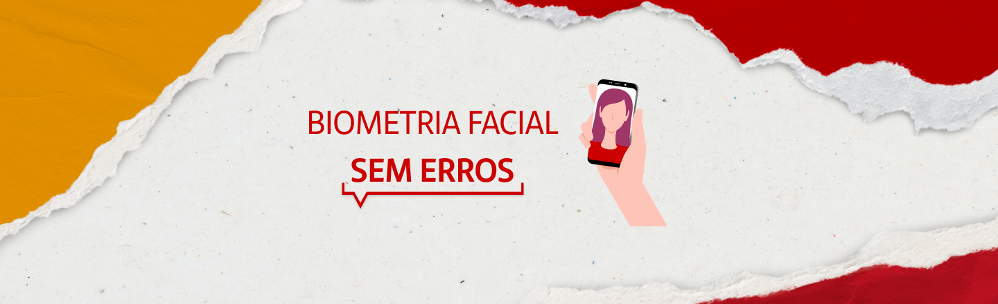 A imagem mostra a ilustração de uma mão segurando um celular com uma silhueta na tela. À esquerda, temos o texto 'Biometria facial sem erros'.