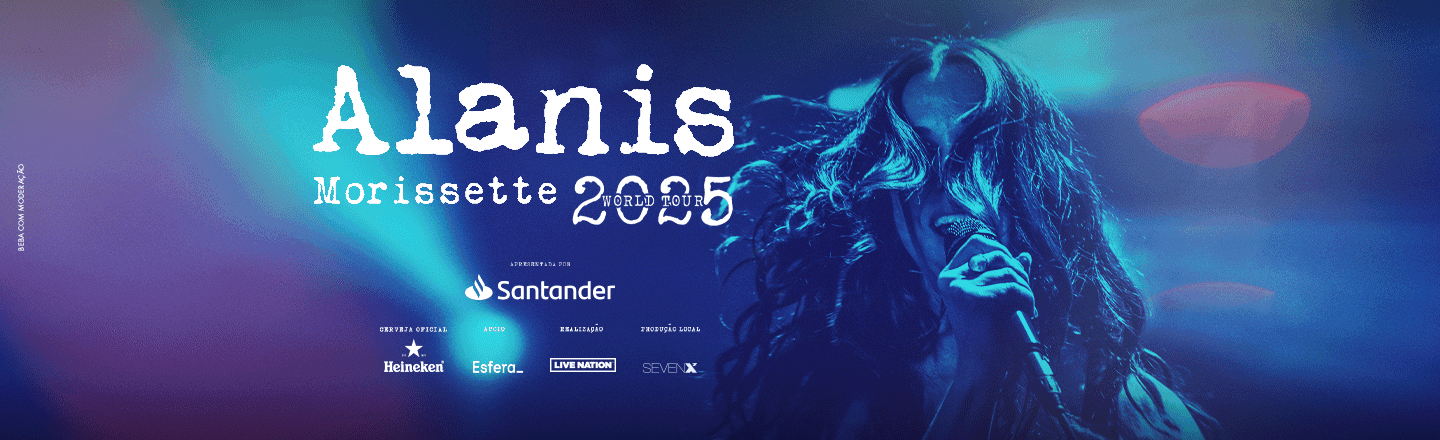 A imagem mostra a foto da cantora Alanis Morissette à direita e ao seu lado, temos informações sobre sua turnê em 2025.