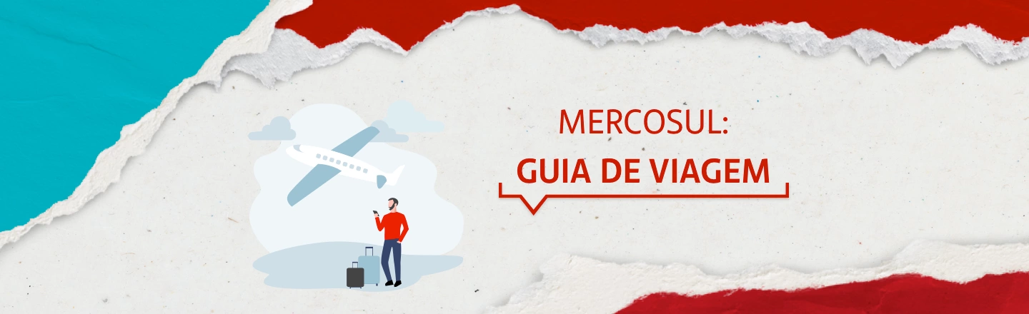 Na imagem temos um texto à direita com a frase 'Mercosul: guia de viagem'. Já à esquerda, temos uma ilustração que representa um avião.